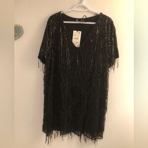 Zara black sequin fringe dress BNWT